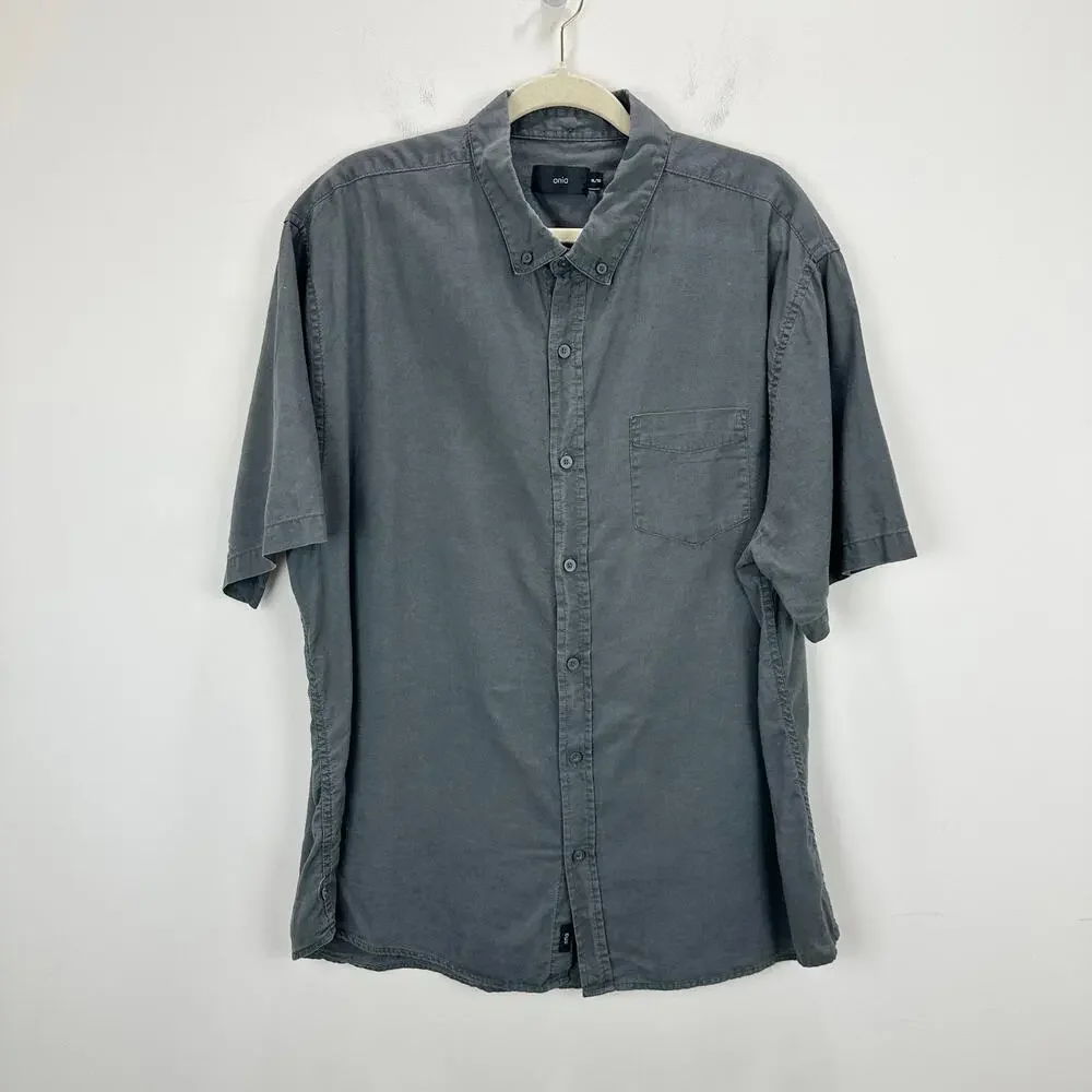 Onia Linen Blend Short Sleeve Button Down Shirt Gray Minimalist Vacation Mens XL